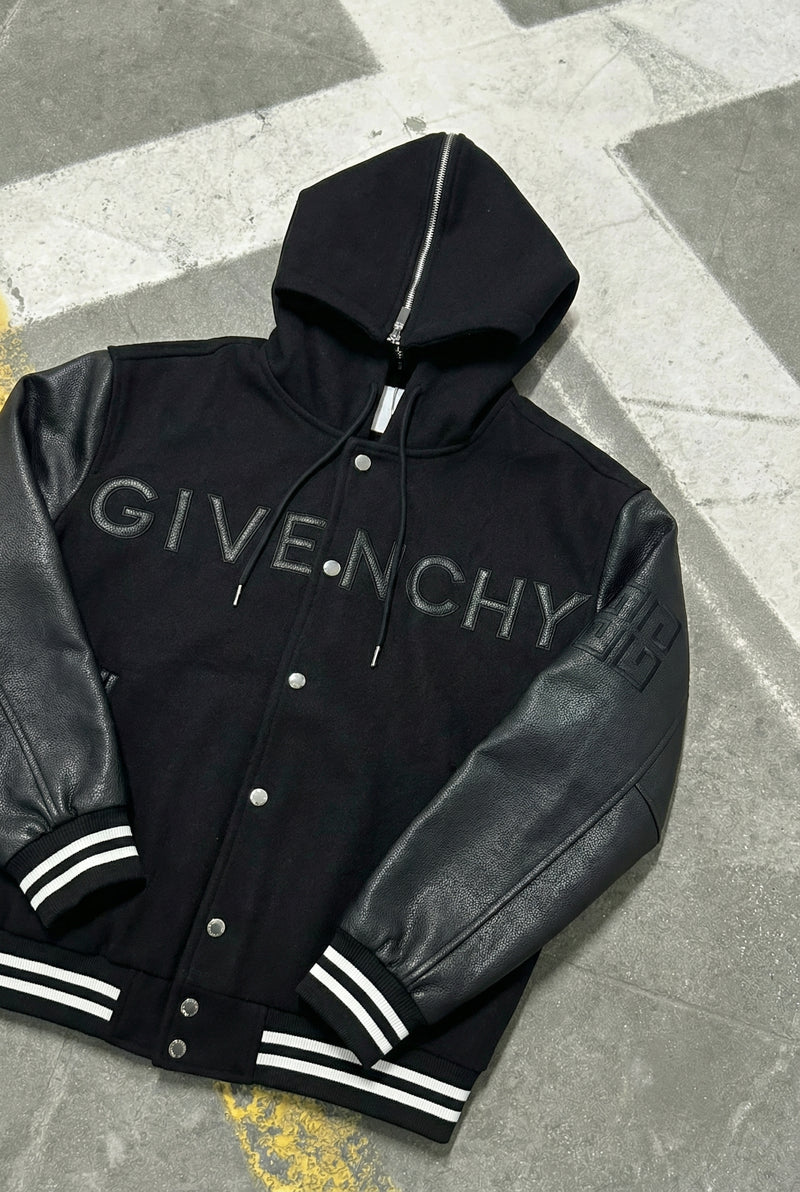 GIVENCHY HOODED VARSITY JACKET IN WOOL AND LEATHER