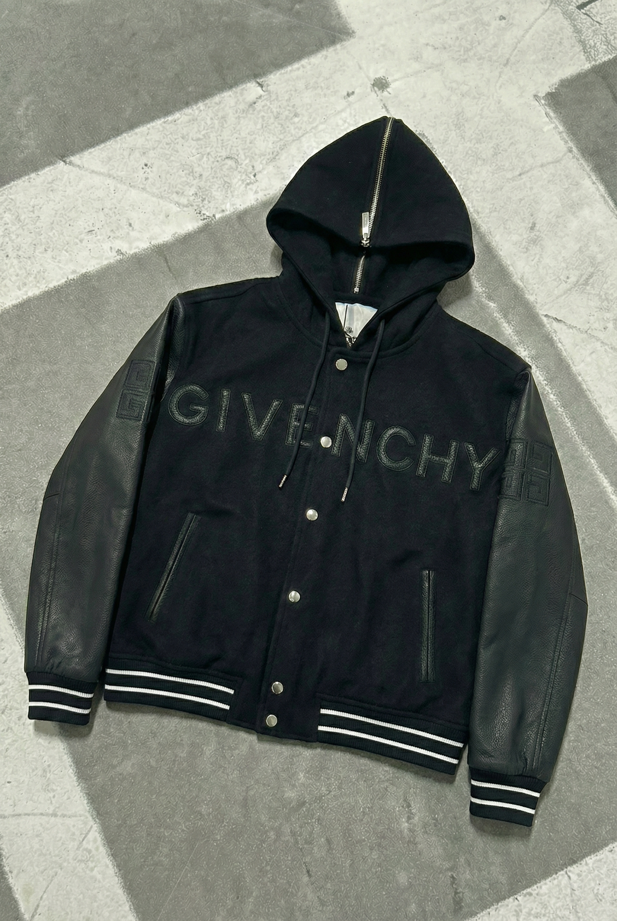 GIVENCHY HOODED VARSITY JACKET IN WOOL AND LEATHER