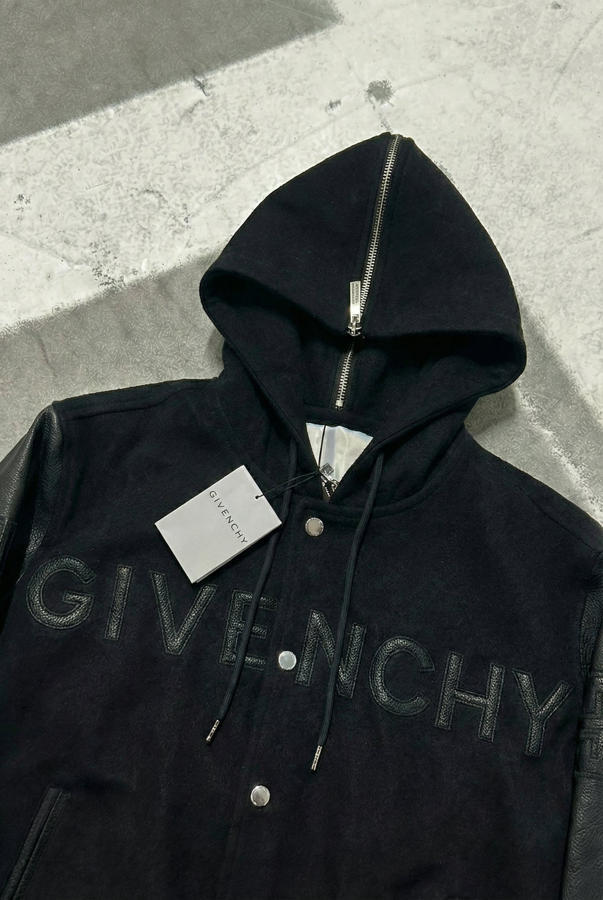 GIVENCHY HOODED VARSITY JACKET IN WOOL AND LEATHER