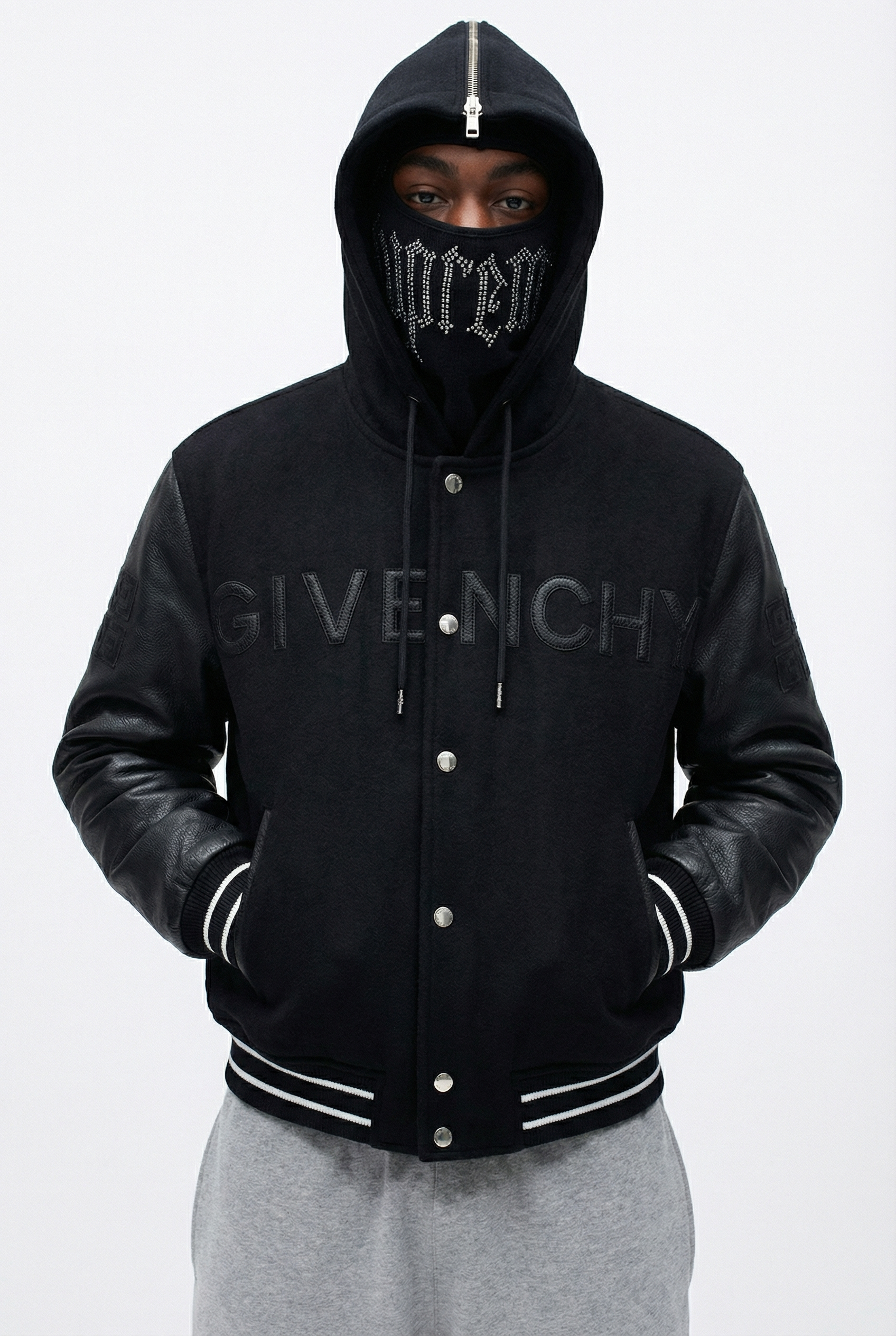 GIVENCHY HOODED VARSITY JACKET IN WOOL AND LEATHER