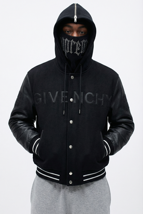 GIVENCHY HOODED VARSITY JACKET IN WOOL AND LEATHER