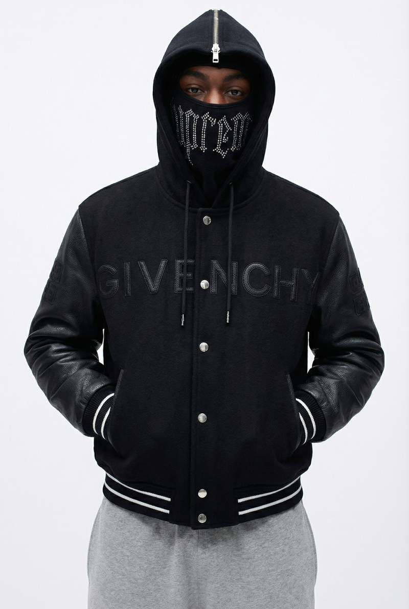 GIVENCHY HOODED VARSITY JACKET IN WOOL AND LEATHER