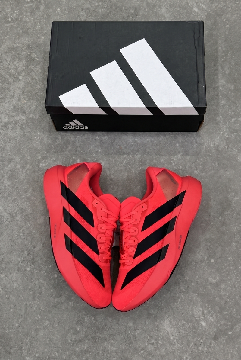Adidas Adizero Adios Pro 3 Solar Red with black adidas box, top view