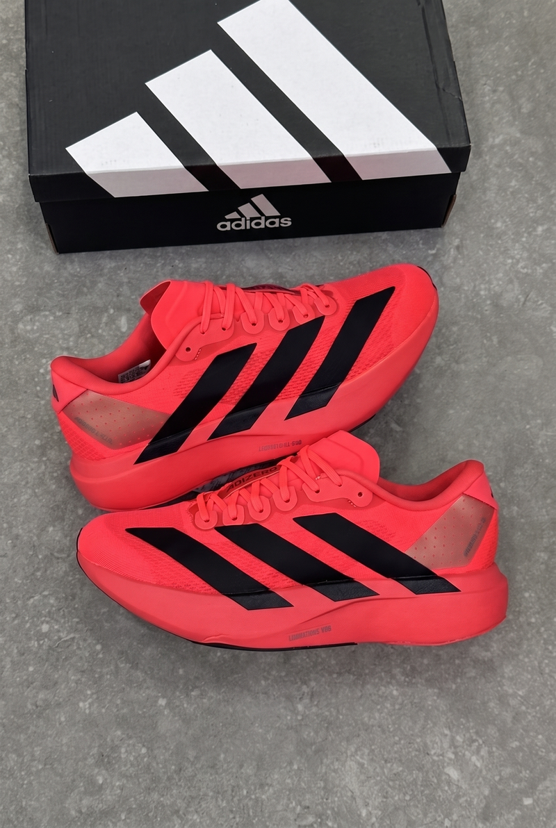 Adidas Adizero Adios Pro 3 Solar Red pair with black adidas box