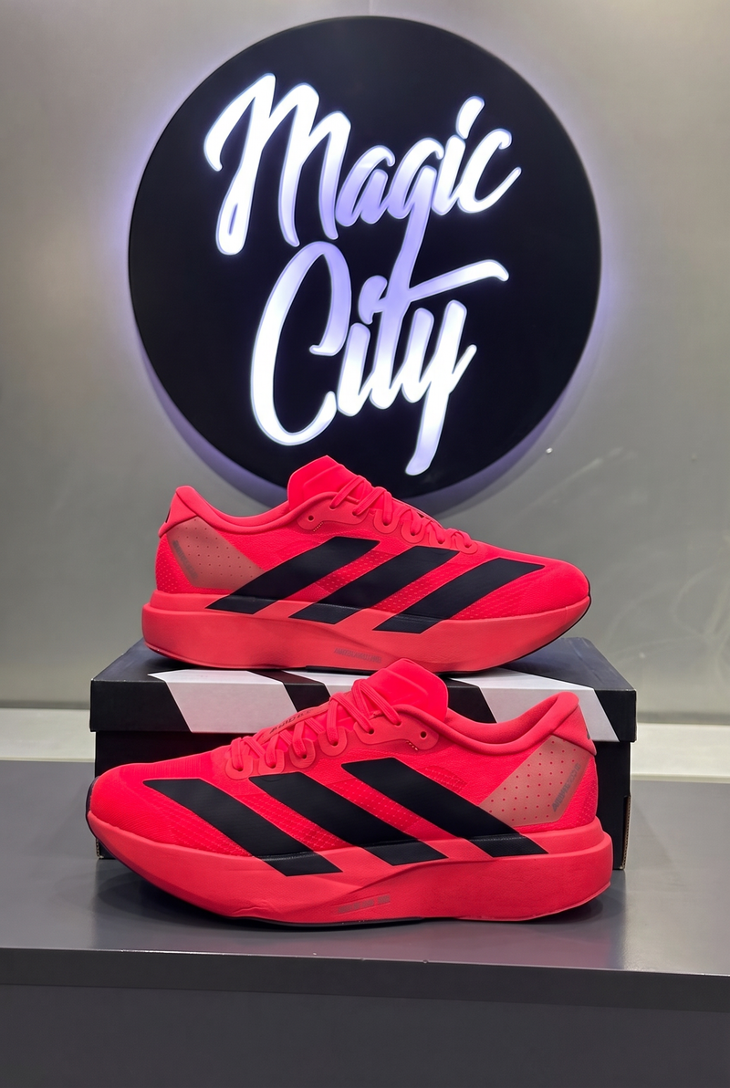 Adidas Adizero Adios Pro 3 Solar Red on black adidas box, Magic City display