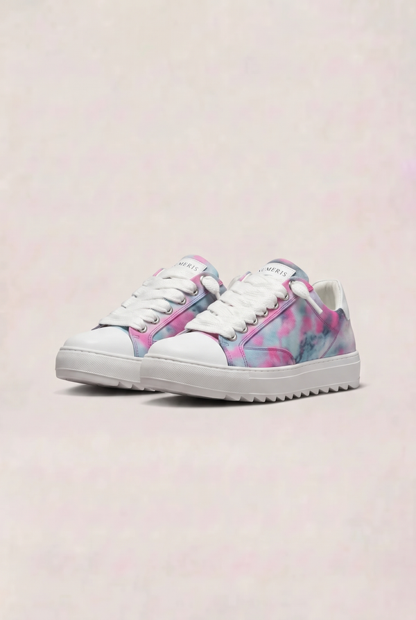 NUMERIS Low-Top Sneakers Pink Teal Tie-Dye - pair, front three-quarter view