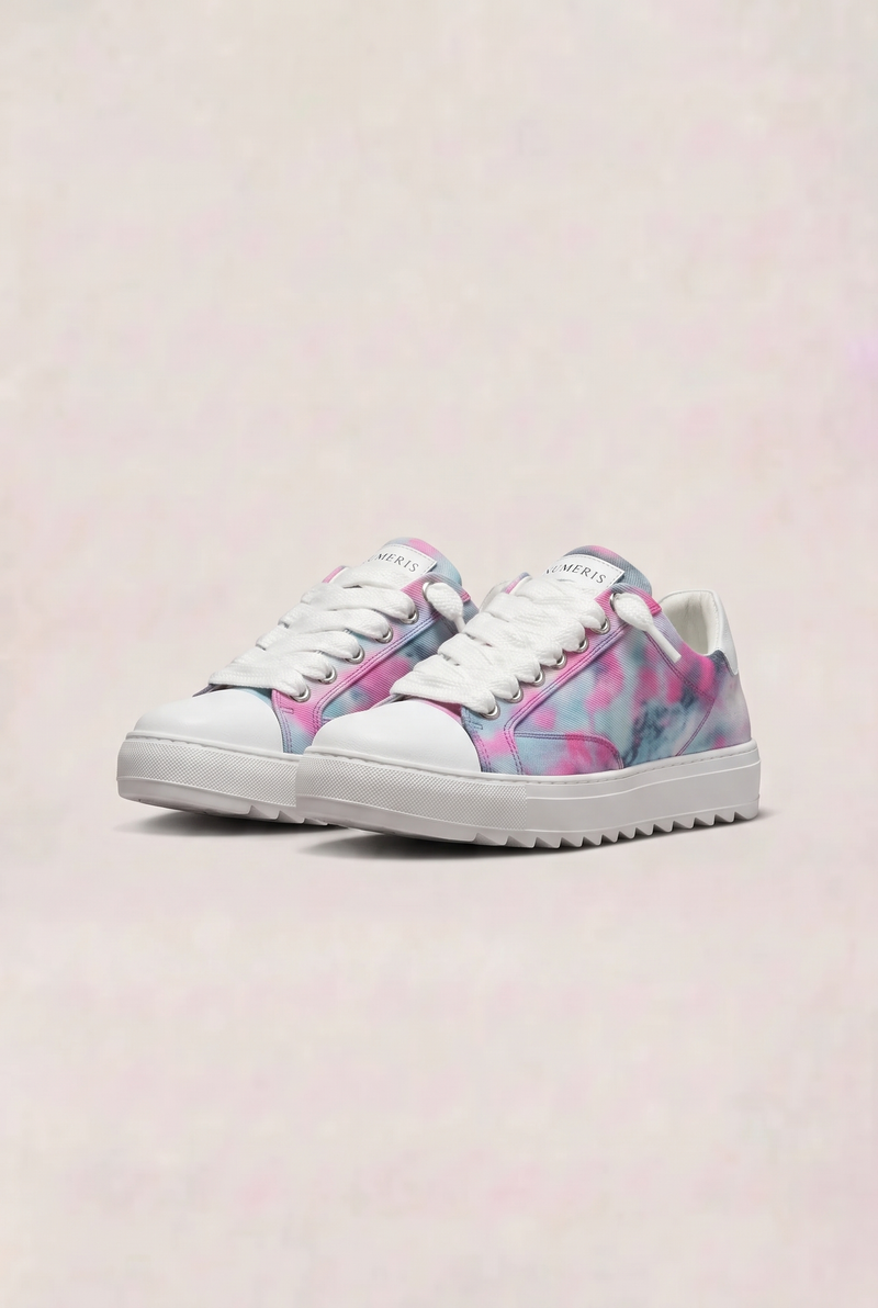 NUMERIS Low-Top Sneakers Pink Teal Tie-Dye - pair, front three-quarter view