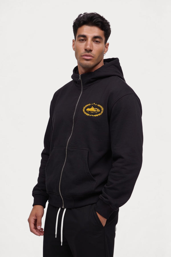 Corteiz Superior Royale Zip Hoodie - Black/Yellow, worn on model