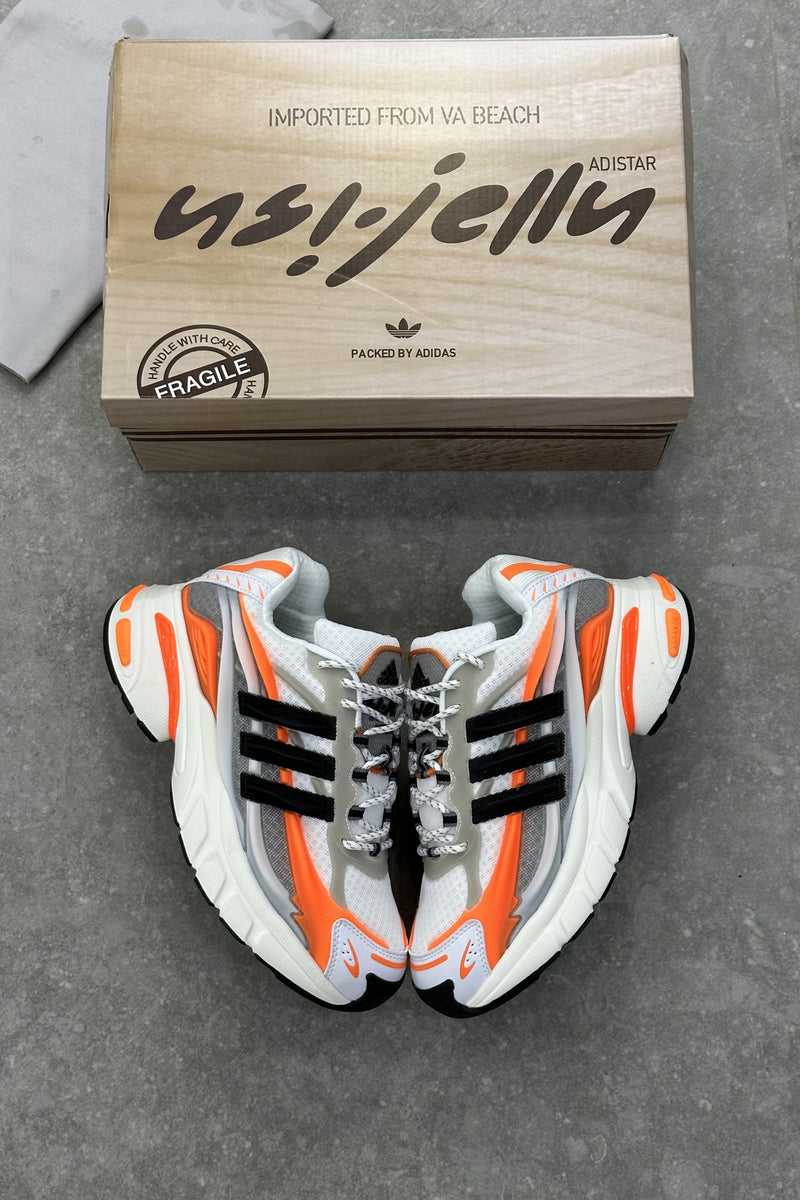 Pharrell Williams x Adidas Adistar Jellyfish – Focus Olive/Core Black/Orange – top view with box