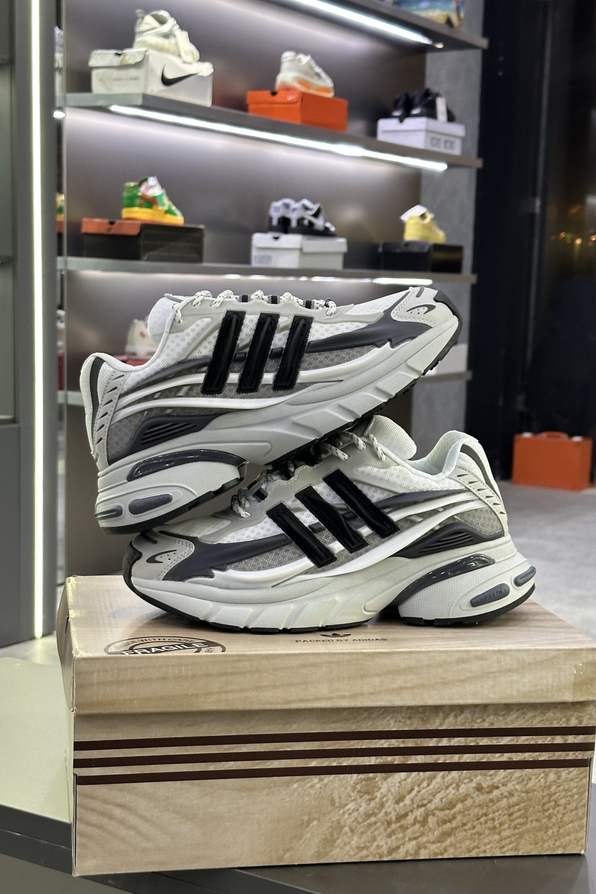 Pharrell Williams x Adidas Adistar Jellyfish – Solid Grey/Core Black/Clear Onix – pair on the box in store