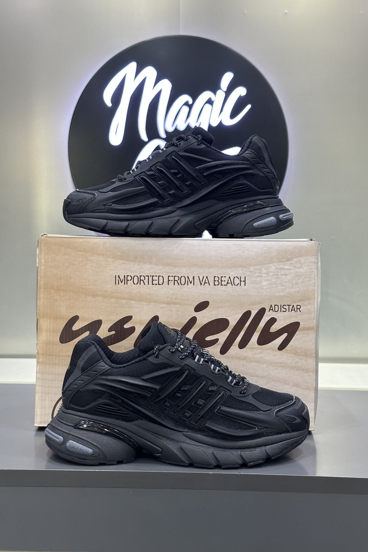 Pharrell Williams x Adidas Adistar Jellyfish – Triple Black – pair on the box in store
